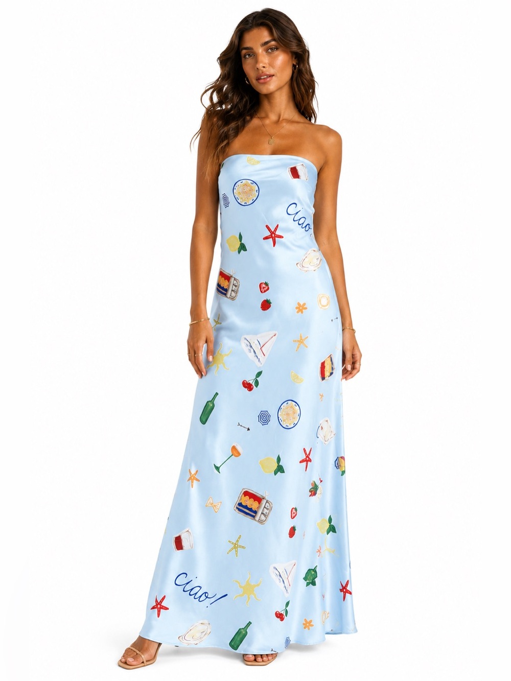 For Love & Lemons Blue Ciao Print Strapless Maxi Dress Size L NWT